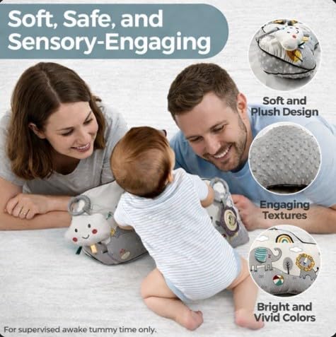 Autumn Bliss Co Tummy Time Activity Toy | Baby Sensory Pillow for Infants 0-6 Months | Pillow with Detachable Rattle | Crinkle & Teether Toys | Soft Breathable Floor Pillow for Newborns and Babies