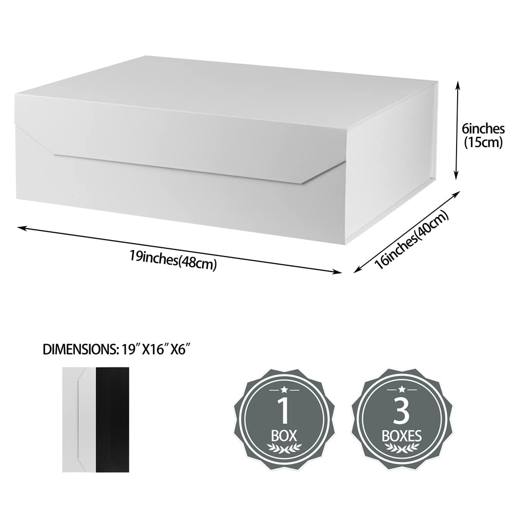 PACKGILO 1 Pcs Matte White Extra Large Gift Box with Lid, 19x16x6 Inches, Hard Magnetic Giant Gift Boxes for Presents Clothes Robe Wedding Dress Sweater,Reusable Foldable Bridesmaid Proposal Box