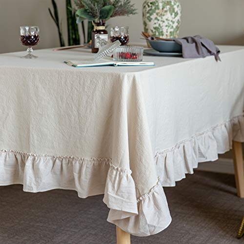 GLORY SEASON Retro Farmhouse Ruffle Tablecloth Cotton Flounces Trim Washable Table Cover Tablecloths for Rectangle Table Baby Shower Kitchen Party Wedding Decor, 52''x70'' - size: 52" x 70" (Rectangular)