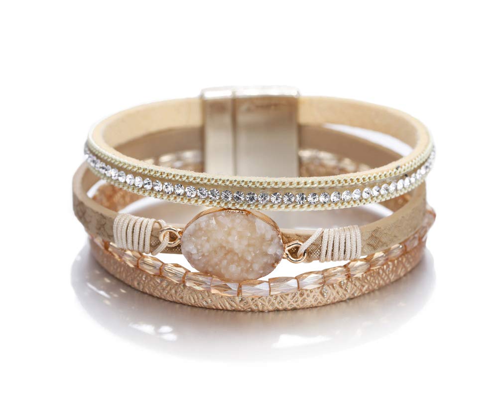 Fesciory Leopard Bracelet for Women, Boho Leather Wrap Multi-Layer Pearl Crystal Bracelet Bangle Jewelry(Stone(Short))