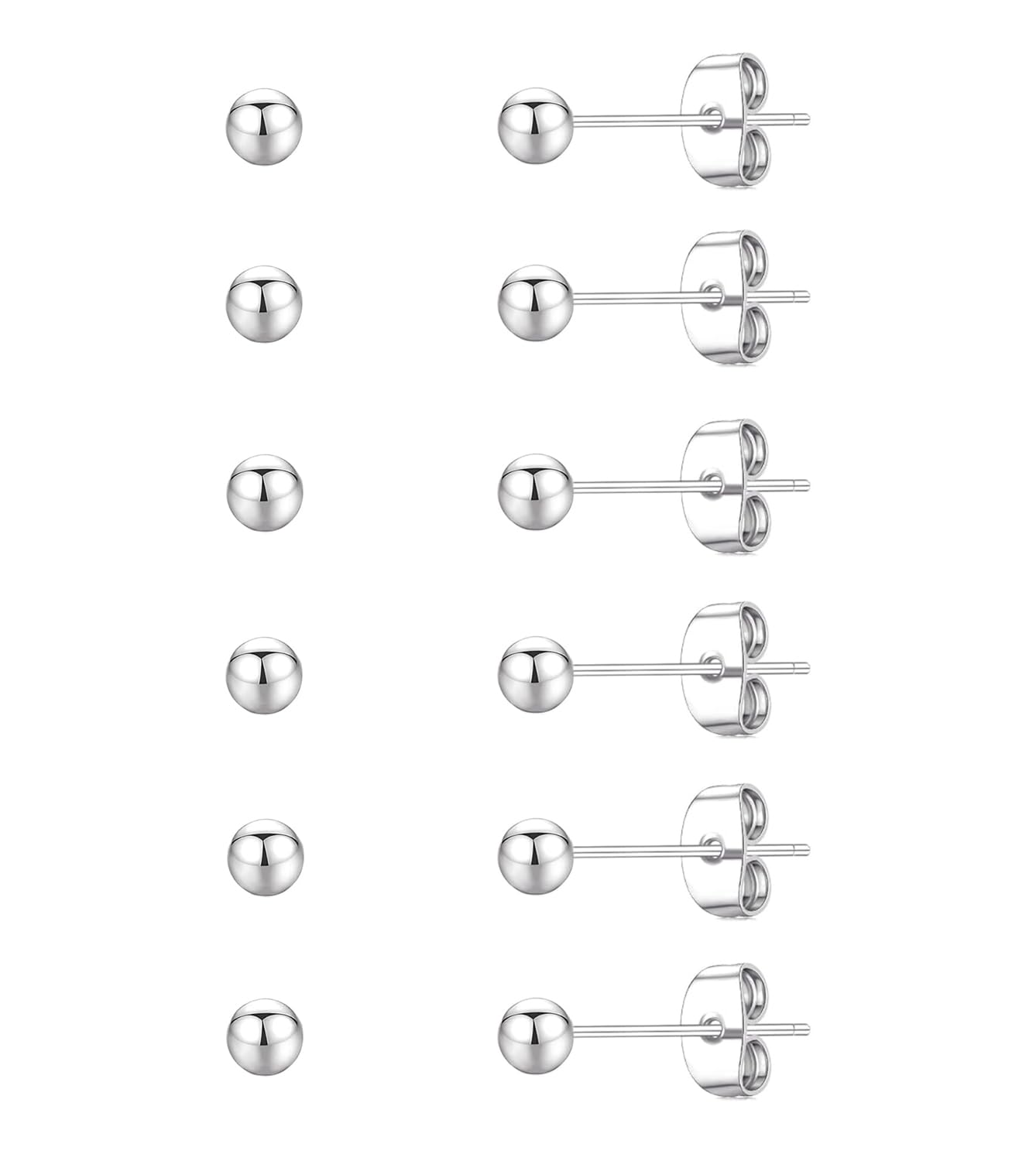 6 Pairs 3mm Silver Ball Stud Earrings for Women Men, Hypoallergenic Stainless Steel Tiny Stud Earrings Set, 20G Small Round Earrings for Multiple Piercings Cartilage Earlobe