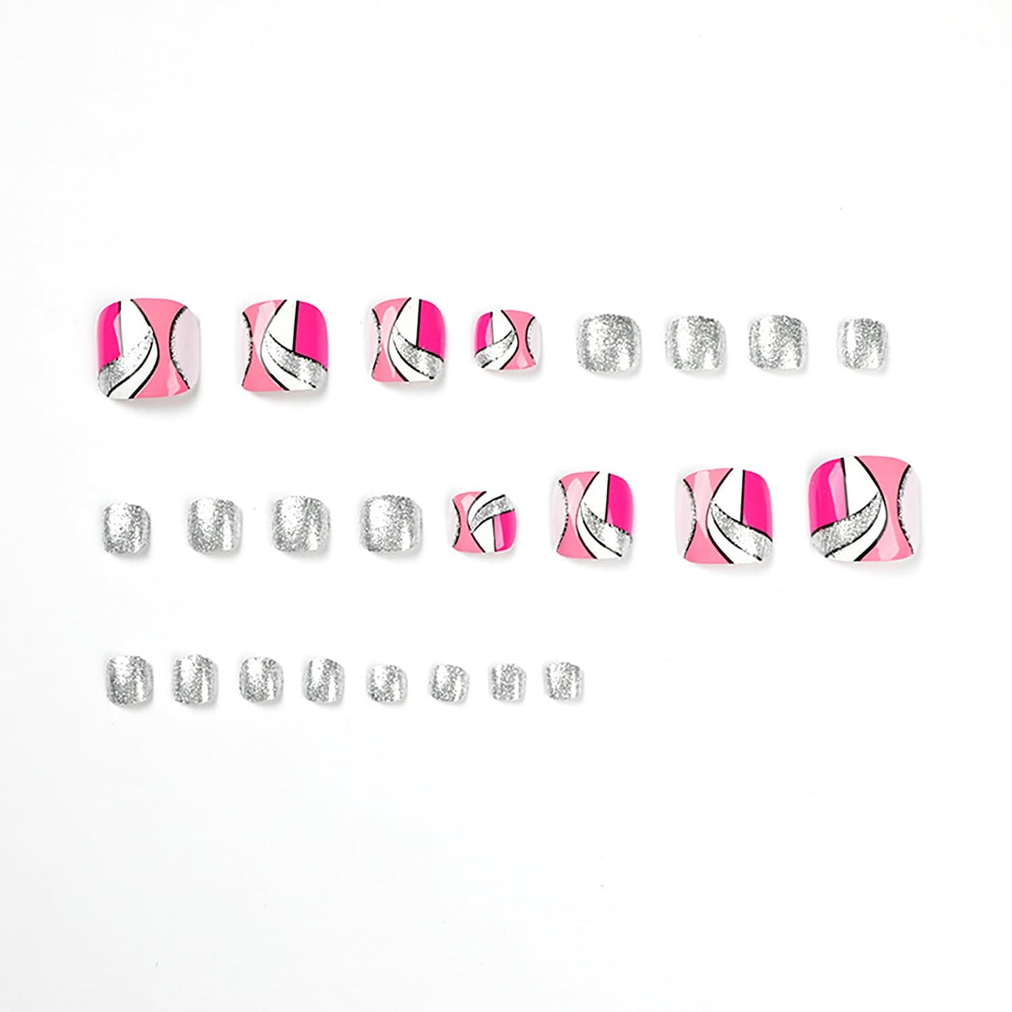 Artificial Acrylic Fake Nails for Toe, Press on Toenails Coffin with Silver Glitter Designs, Full Cover Reusable False Toenails with Glue, Glue on Toe nails with Charm for Women Girls（JP1632）