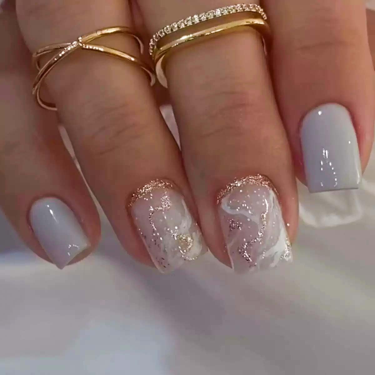 Square Press On Nails Short Fake Nails Marbling With Glitter Design Blue False Nails Full Cover Acrylic Glossy Glue On Nail Cute Stick On Nail For Women Manicure Art 24pcs