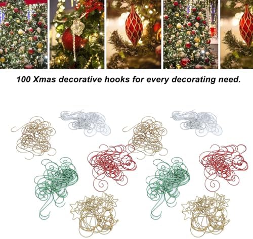 Naroote 100Pcs Iron Wire S Shaped Christmas Ornament Hooks Multi Purpose Hanging Hooks for Tree Lantern Jewelry Lamp Holiday Decor (2)