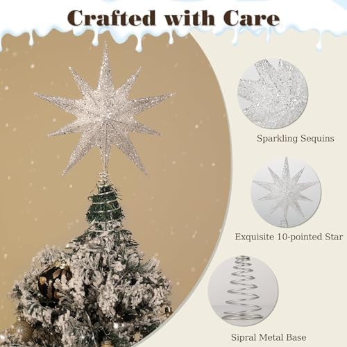 Lewondr Christmas Tree Topper Star, 13inch Xmas Tree Topper with LED Light Beads, Remote & USB Operated 10-Point Star Treetop for Home Christmas Decoration, 6H Timer & 8 Lighting Modes, Silver
