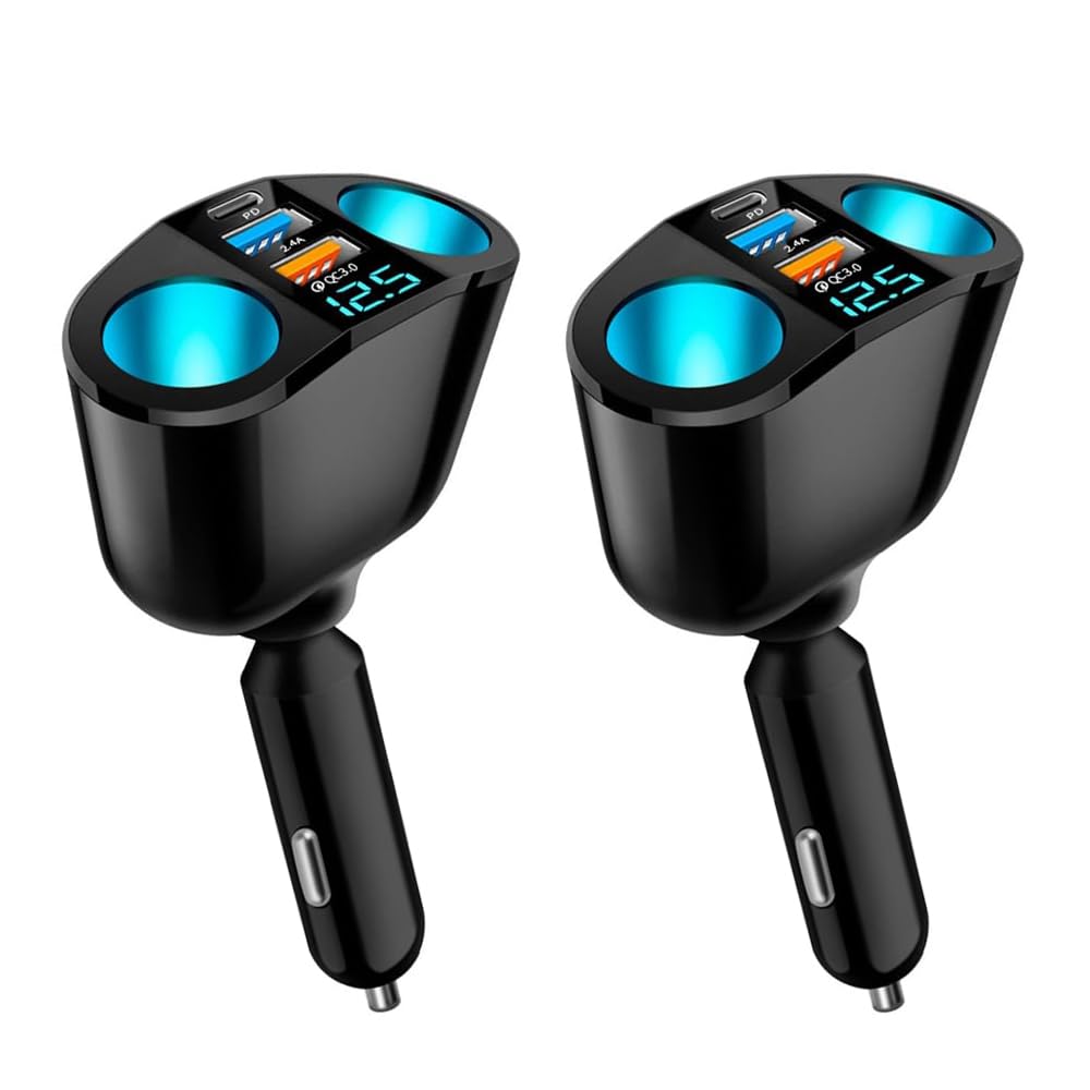 5 Port Cigarette Lighter Splitter,QC3.0&PD 20W Super Fast Car Charger with Dual Cigarette Lighter Plug with LED Voltmeter Compatible with iPhone 15 Pro iPad Dash Cam GPS (PD+QC+2.4A) 2Pcs