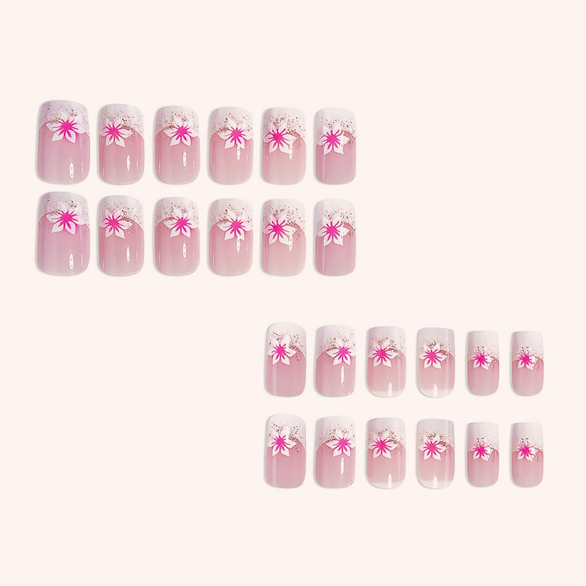 24pcs French Tip Press On Nails - Short Square Pink Flower Fake Nails with Full Coverage, Tip Glue on Designs for Women & Girls