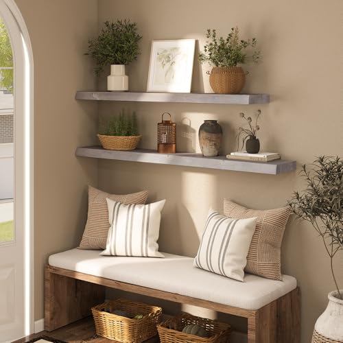 Live Edge Floating Shelf, 48 Inch Solid Elm Wood - Weathered Gray Rustic Wood Wall Shelf with Invisible Brackets for Living Room, Kitchen, Bathroom - color: Driftwood Gray, size: 48"L, 1-Pack