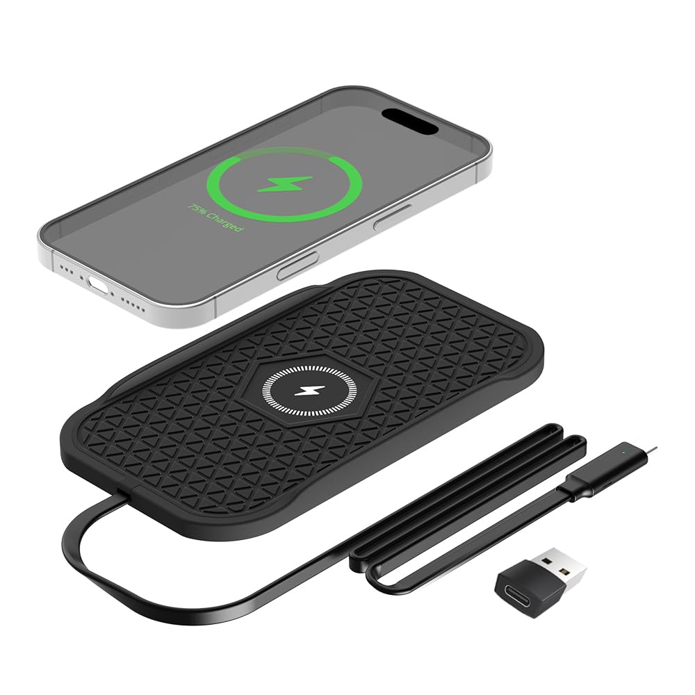 Wireless Car Charger Silicone Pad, for iPhone12/11 Pro/XS/XR/8/8Plus,15W Fast Car Wireless Charging Non-Slip Mat, for Samsung S21/S22/S23/S24/S25/Androids,80cm Cable, Black