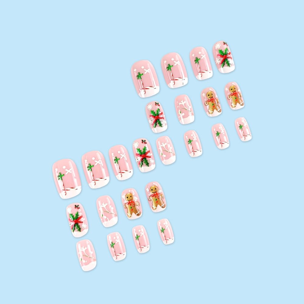 Christmas Press on Nails Medium, Square Winter French Fake Nails with Gingerbread Man Snowflake Designs, Acrylic Nails Press ons Artificial Nails Stick on Nails for Women 24Pcs