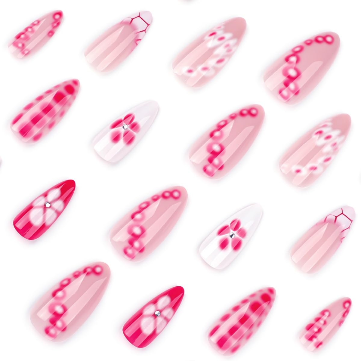 French Tip Press on Nails Medium Almond Summer Flower Fake Nails with Glue Gemstone Stick on Nails Full Cover Pink White Glossy False Nails for Women DIY Manicure Decoration 24PCS