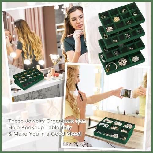 Junkin 12 Pcs Jewelry Tray Velvet Stackable Jewelry Organizer Trays Divided Earring Accessories Storage Containers Box (Rose Red) - color: Green
