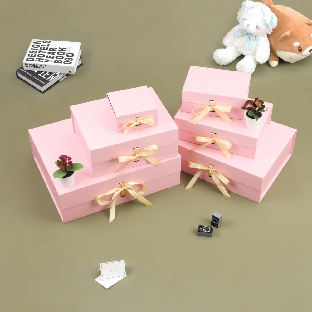 BoxSkivra Large Pink Gift Box with Ribbon 1 Pack 16.5X13X5.3 Inch Extra Large Gift Box with Lid Magnetic Closure Rectangle Collapsible Luxury Boxes for Mother's Day、Shredded Paper Filler & Card