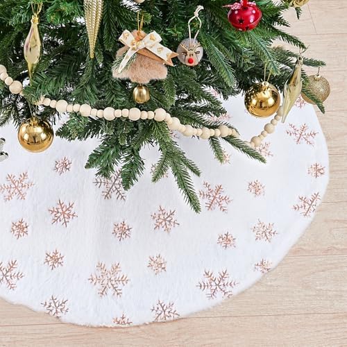 White Christmas Tree Skirt 24 Inch Small Faux Fur Rose Gold Snowflake Tree Skirt for Holiday Xmas Party Home Decorations