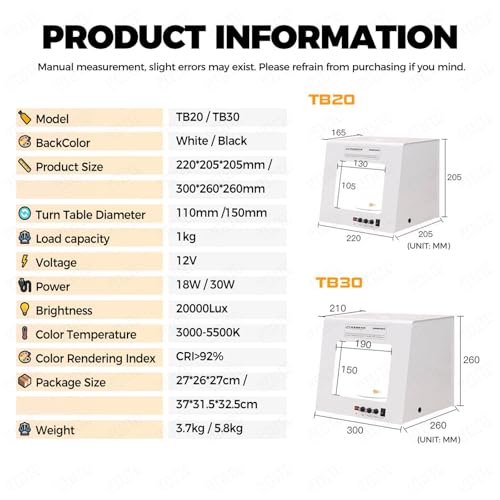 Professional Photo Studio Light Box Kit with 4 Led Light, Adjustable Brightness for Jewelry Photography, Includes Black and White Background, with 360° Automatic Turntable and Hanging Stand(Tb20) - size: Tb20