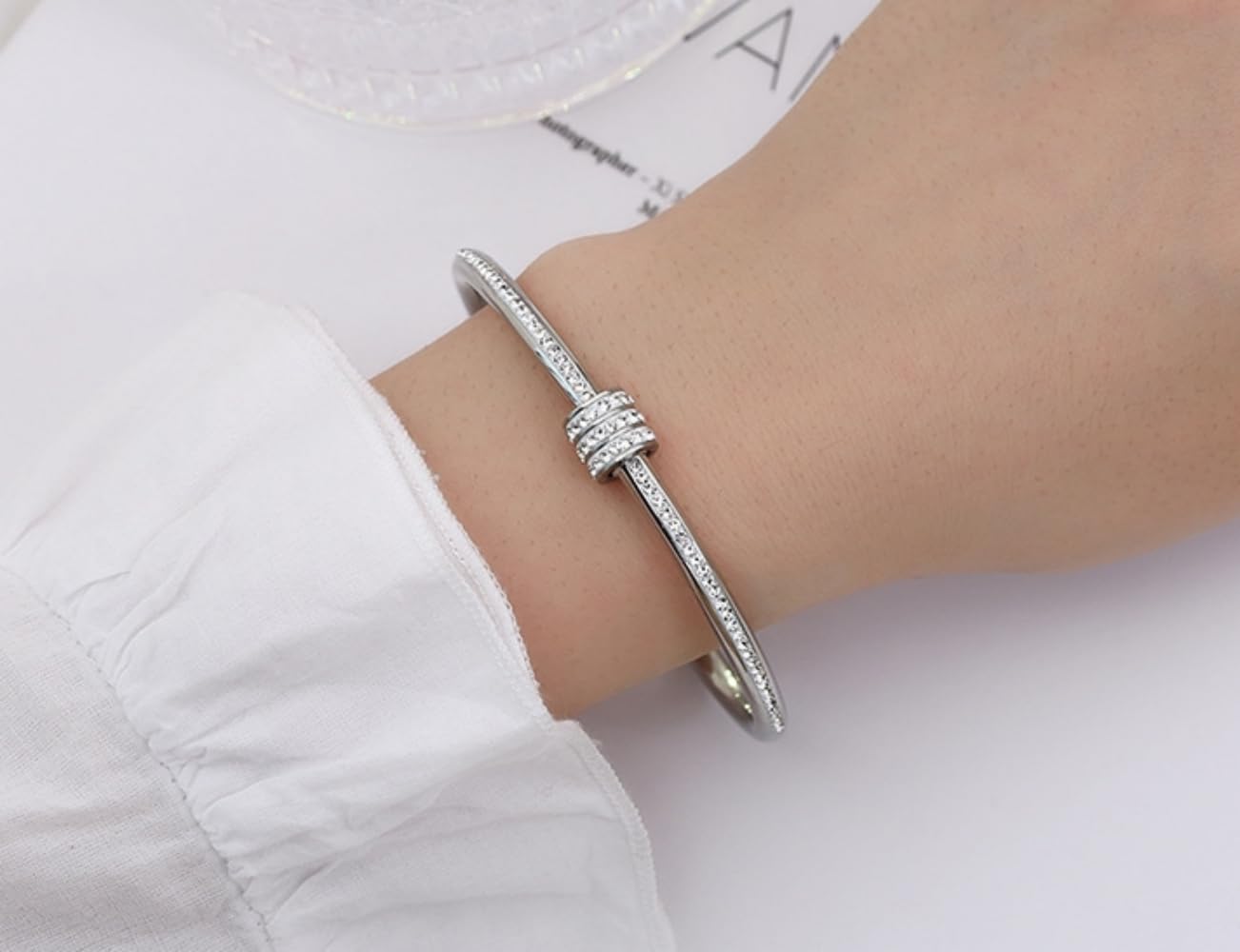 Dainty Bangle Bracelet for Women Personalized Cubic Zirconia Stainless Steel Bracelets Tiny Waist Oval Bangles Bracelets Gifts for Love (S)