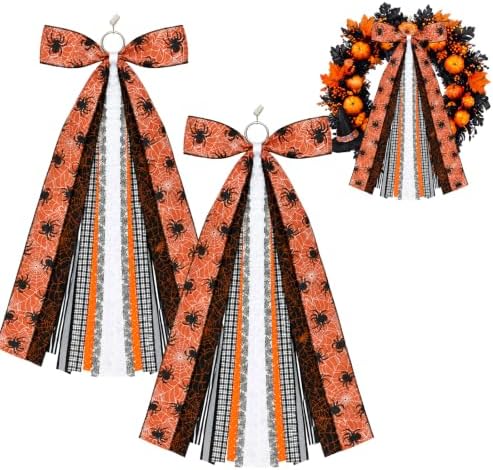 Suncalla 2 Pcs Halloween Orange Spider Web Ribbon Bow for Wreath Front Door