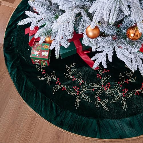X.Sem Holly Leaf Embroidered Velvet Christmas Tree Skirt with Pleat Velvet Border 50'' (Dark Green, 50 inch)
