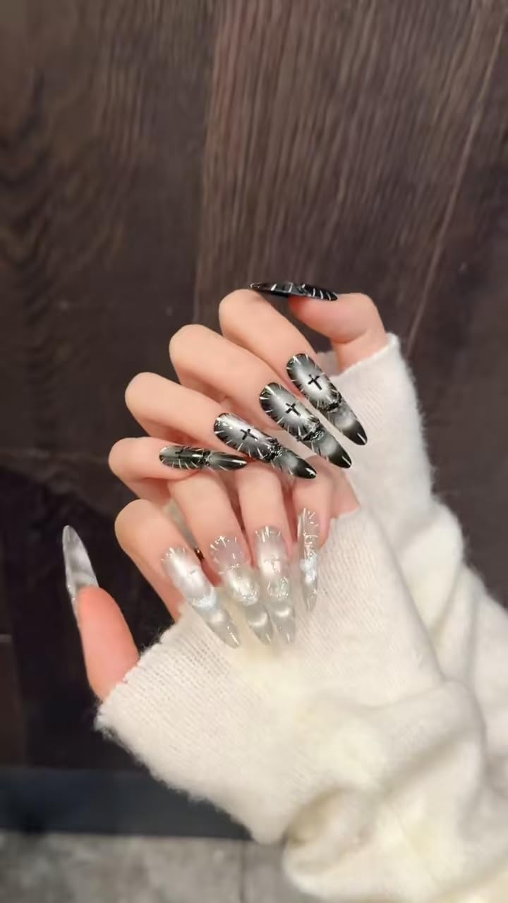 Gothic Fake Nails Set | Stiletto Almond Fake Nails with Silver Crackle & Black Gradient | Long Press on Nails for Women | Dark Aesthetic Nail Art(M)