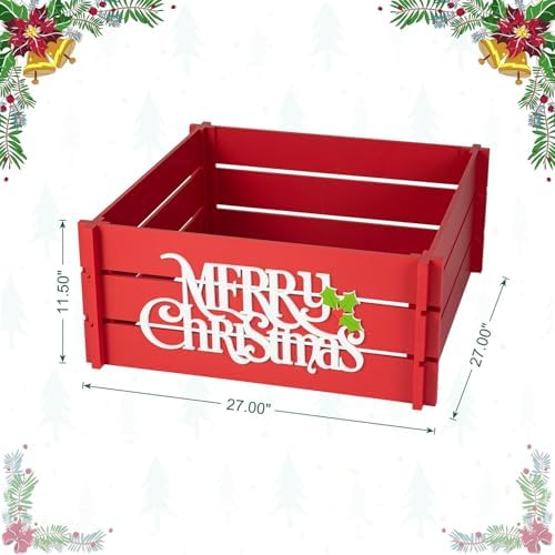 Glitzhome Wooden Crate Tree Collar, Christmas Tree Base Cover, 27" L Red Merry Christmas Farmhouse Christmas Tree Collar for 9ft Tree