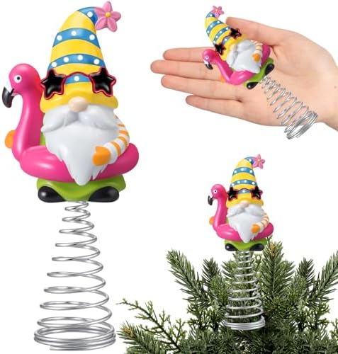 Gejoy Summer Flamingo Gnome Mini Tree Topper 5.1 Inch Tropical Beach Gnome with Spring Base, Mini Summer Tree Top Decorations for Luau Hawaiian Party Tiered Tray Tabletop Decor