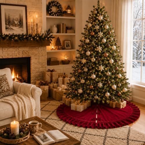 Christmas Tree Skirt,Velvet Tree Skirt with Ruffled Edge, Classic Large Velvet Fur Plush Tree Skirt for Merry Christmas(Red,48Inch)