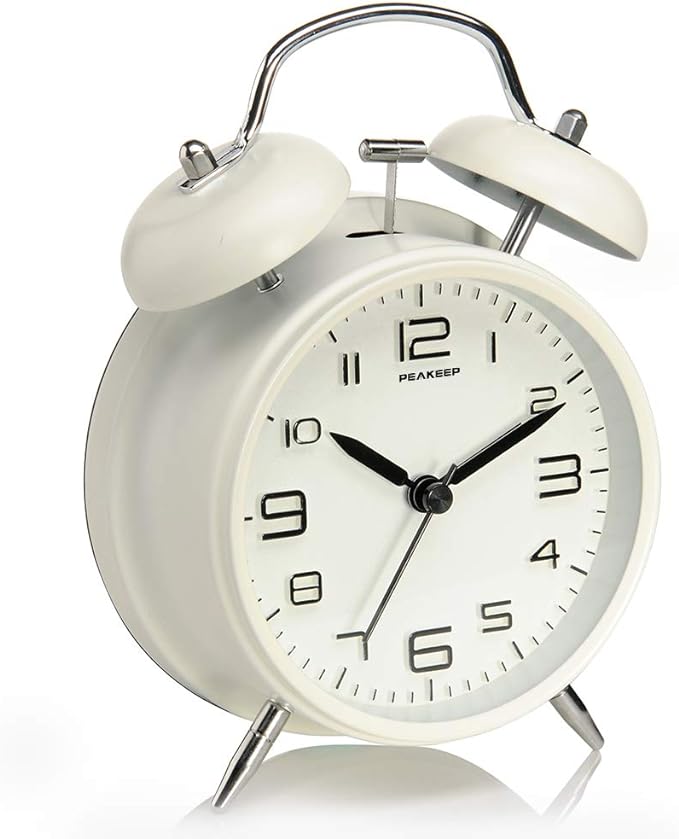 Peakeep 4 Inches Twin Bell Loud Alarm Clock for Heavy Sleepers | Backlight, Battery Operated, Old Fashioned, Alarm Clock for Bedrooms Kids' Room (3D-Dial, White)