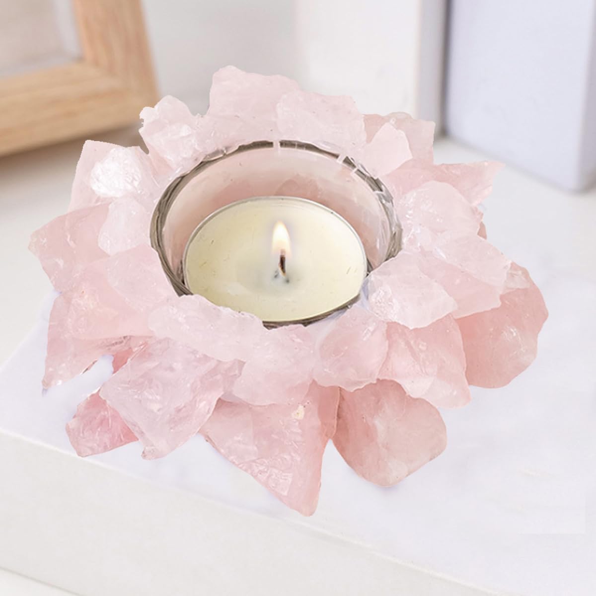 Natural Rose Quartz Crystals, Raw Crystal Tealight Candle Holder Crystal Stone Candle Stand High Energy Geode Votive with Healing Effects (Not Included Candle)