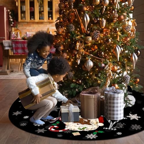 Tiamon Christmas Tree Skirt 48 Inch Black Santa Tree Skirt African American Xmas Tree Mat Decor Snowflake Joy Santa Claus Tree Decor for Winter Holiday Christmas Tree Decoration Supplies (Black)