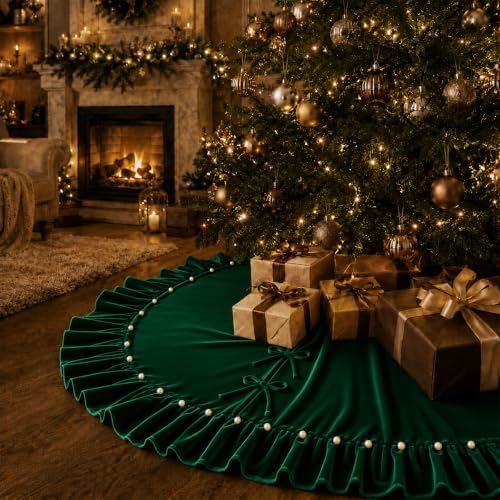Christmas Tree Skirt,Velvet Tree Skirt with Ruffled Edge with Pearls, Classic Large Velvet Fur Plush Tree Skirt for Merry Christmas(DarkGreen,36Inch)