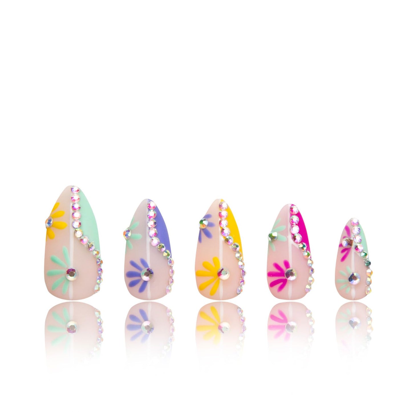 LOVFUL Press on Nails Wild Blooming French Tip | Handmade with Full Covered Crystals | Reusable Fake Nails | Almond Regular 1.0 in | H156-S