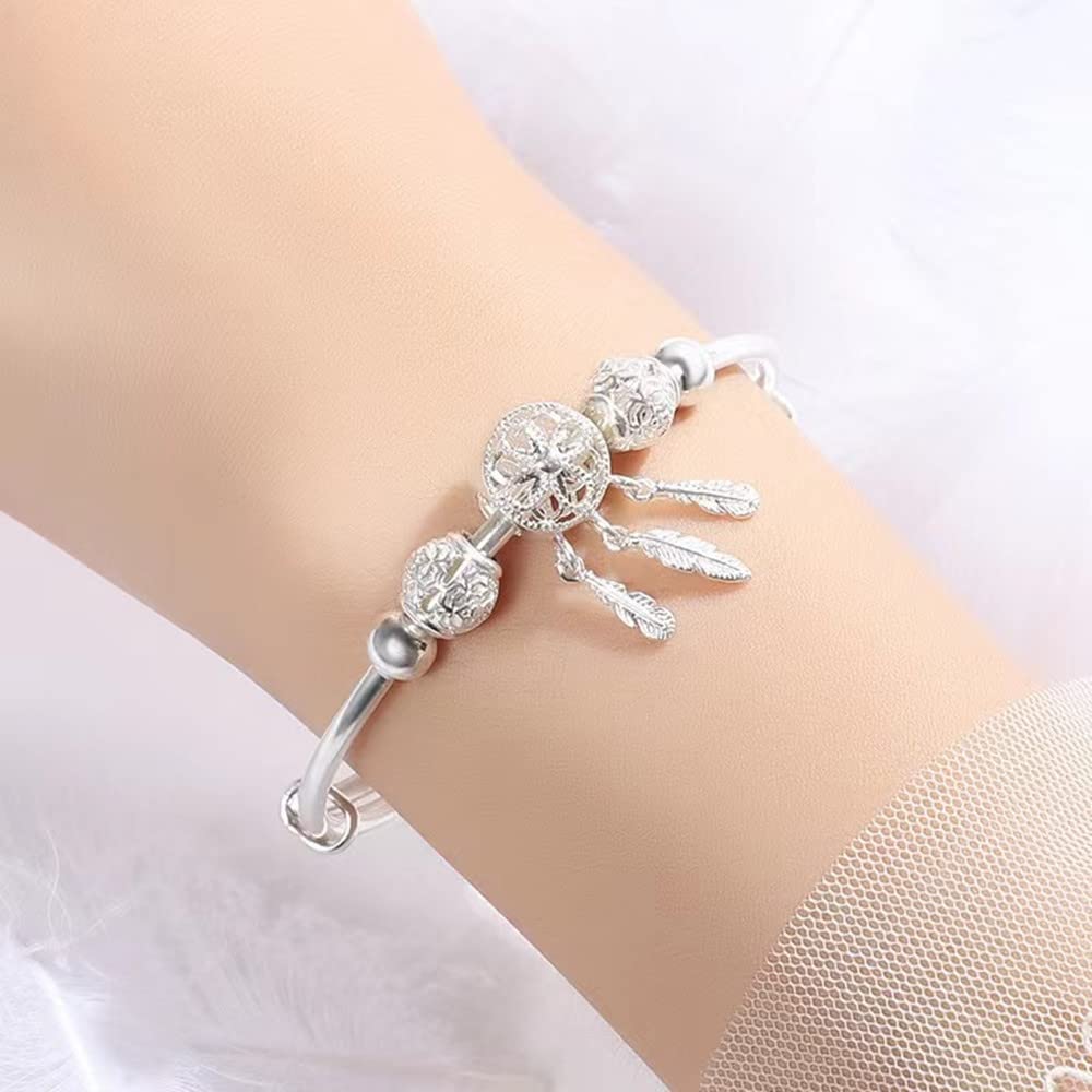 Sterling Silver Bracelets For Women 925 Sterling Silver Beads Bangle Bracelet Transfer Lucky Cuff Bracelet Adjustable Fashion Women Jewelry