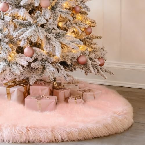 yuboo Salmon Pink Christmas Tree Skirt 48 inches, Fuzzy Fur Pastel Tree Skirt Rug Pink Christmas Decor for Slim Pencil Tree and 6-7 FT Christmas Trees