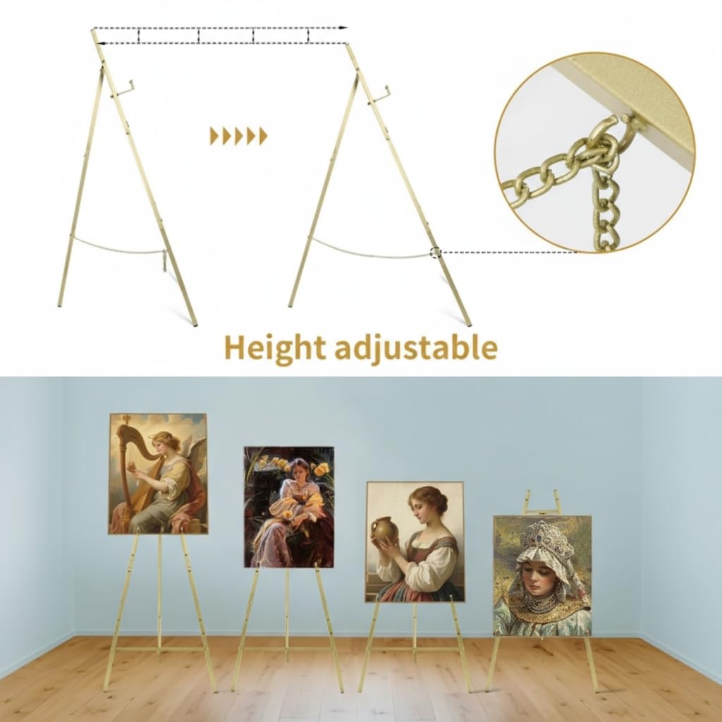 Gold Easel Stand For Sign,Heavy Duty Easel - 4 Tier Adjustable Height Gold Easel Display Easel Stand For Wedding Sign,Paintings,Posters,Welcome Signs,Pictures,With Chain Heavy Duty Metal Display Easel