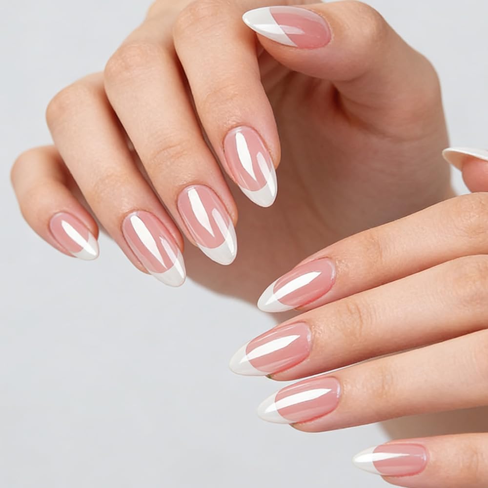 FJSMTOPl French Tip Press on Nails - Almond Fake Nails - with Designs Chrome False Nails Press ons - Medium Acrylic Glue on Nails Cute Artificial Stick on Nail for Women Manicure 24pcs