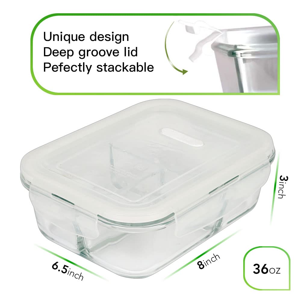 DAS TRUST 3 Pack Bento Box Glass Meal Prep Containers - 3 Compartment Glass Food Storage Containers with Lids - Lunch Box Meal Prep Bowls - Oven Safe