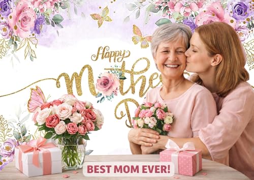 8x6ft Happy Mother's Day Backdrop Floral Golden Dots Mothers Day Birthday Photography Background for Women Thanks Mother's Day Photo Booth Props 068 - size: 8x6ft
