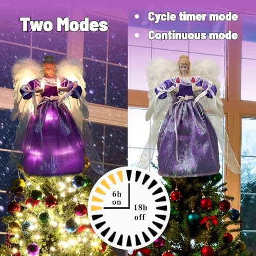 Moving Angel Tree Topper with Lights, 12’’ Purple, Separately Controlled Flapping Wings and Bright LEDs, 6 On / 18 Off Hours Cycle