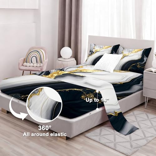 3D Marble Fitted Sheet Set Full Size for Kids Women Men Modern Marble Sheet Sets Soft Microfiber Bed Sheet Black Gold Grayish White Bedspread 1 Fitted Sheet+1 Flat Sheet+2 Pillowcases - color: 3d Marble, size: Full