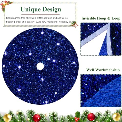 FUHSY Christmas Palm Tree Skirt 21 Inch Velvet Sequin Christmas Tree Skirt Blue Small Tree Skirt Shimmer Christmas Tree Floor Mat Vintage Metallic Tree Skirts for Xmas Diameter Tree Decor