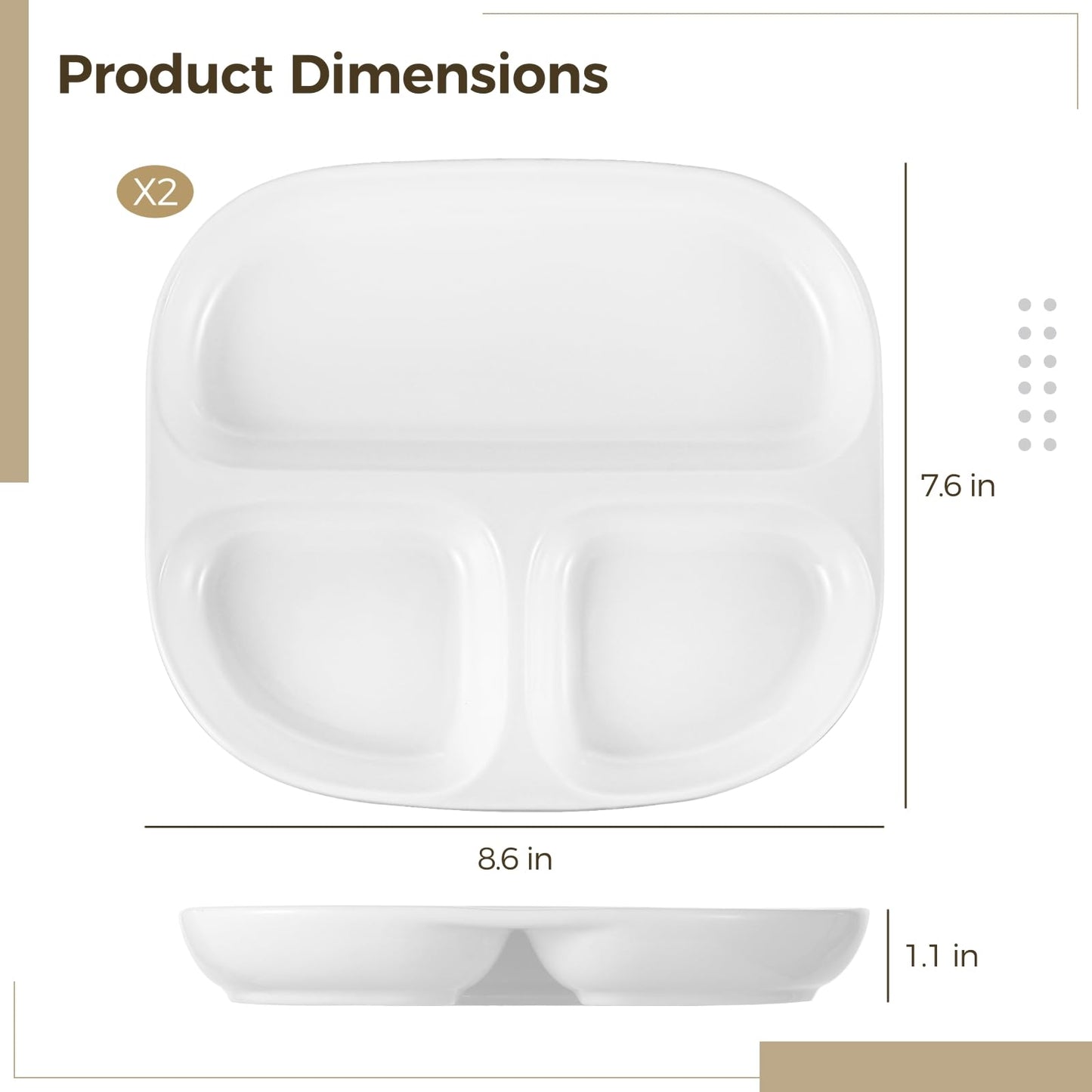 OMISTAR 2 Pcs Ceramic Plates for Kids, 8.5" Divided Plates for Adults, Portion Control Plate, White Ceramic Plate for Balanced Meals, Diabetes and Weight Loss Diet