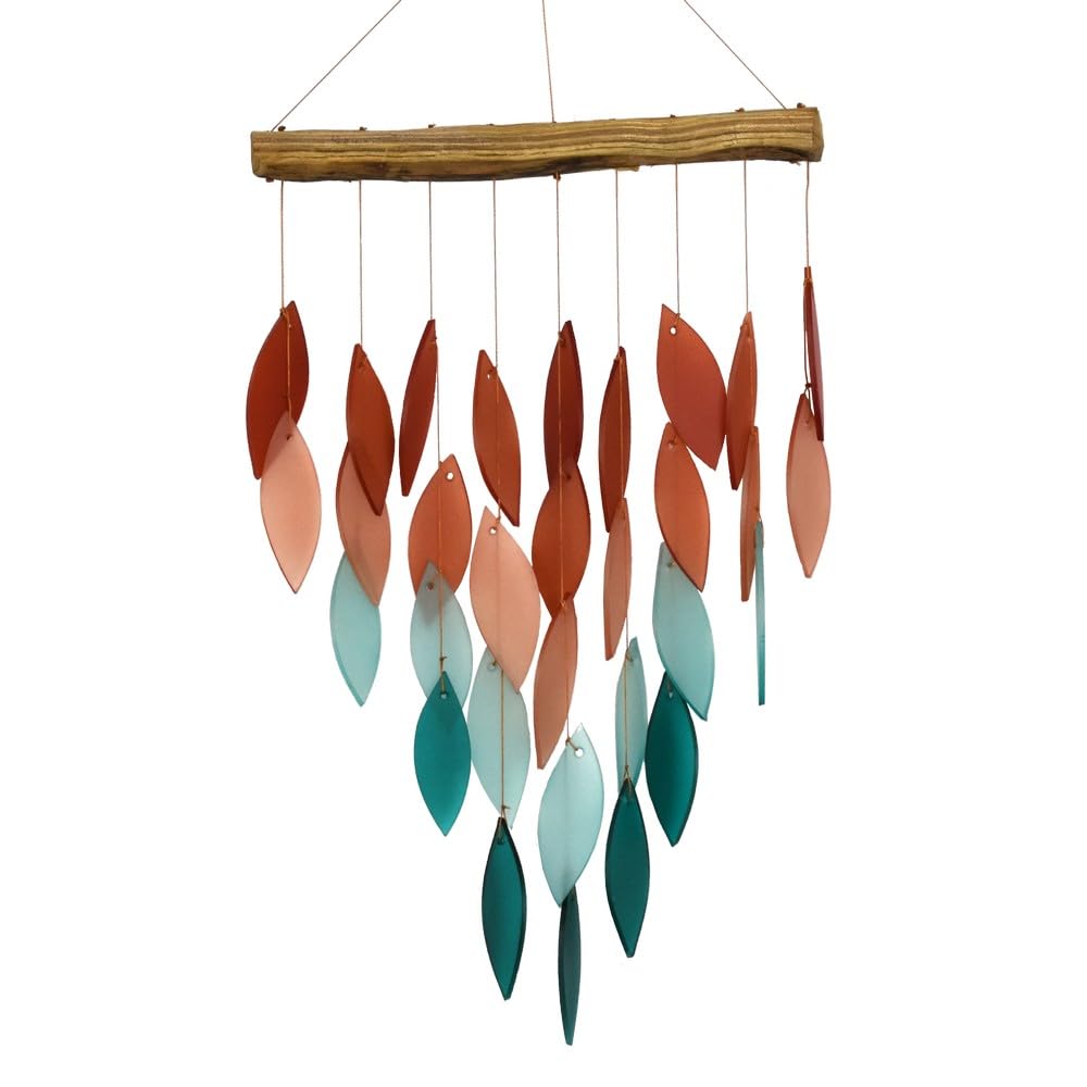 Blue Handworks Coral Ombre Waterfall Glass and Driftwood Chime, Sandblasted Glass and Found Wood Handcrafted Wind Chime