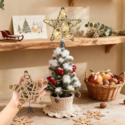 LAWOHO Christmas Tree Topper Retro Woven Star with Lights, Farmhouse Christmas Decor, Mini Rustic 6 Inch Star with 6H Timer, Light Up Christmas Tree Decorations, for Xmas Tree, Holiday, Party