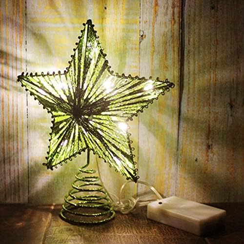 CVHOMEDECO. Green Glittered 3D Tree Top Star with Warm White LED Lights and Timer for Christmas Tree Decoration and Holiday Seasonal D??cor, 8 x 10 Inch