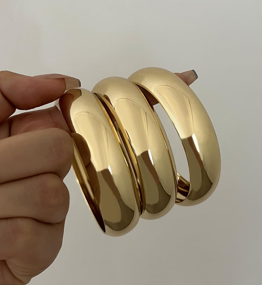 3PCS Chunky Gold Bangle Bracelets for Women, Dainty 14k Gold Plated Big Stackable Bangles Set, Trendy Cuff Bracelet Stack Fashion Jewelry Gifts