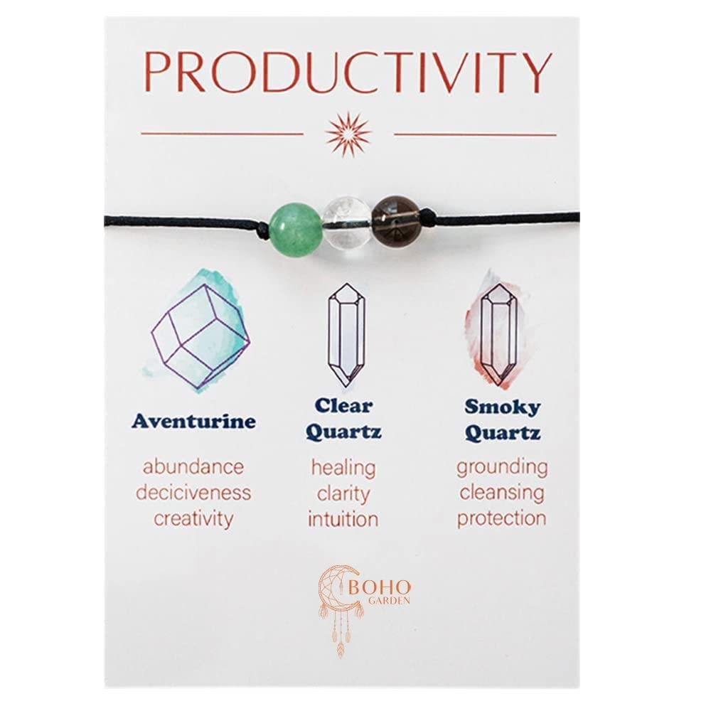 BOHO GARDEN Healing Crystal Bracelet for Productivity - 3 Real Natural Gem Stones - Adjustable, Beaded Bracelets for Men, Women, Teens - 8mm Bead