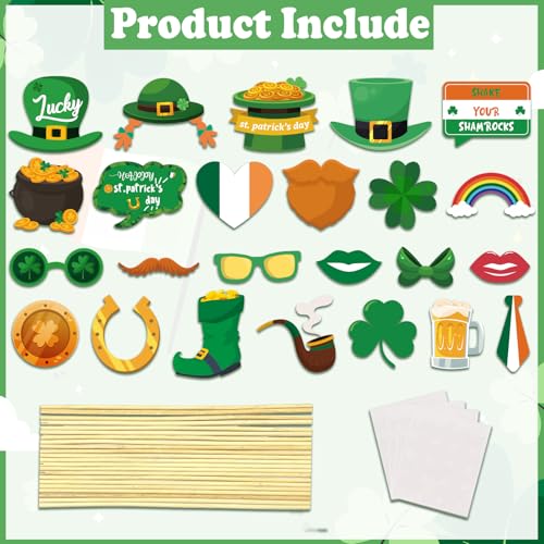 St. Patrick's Day Photo Booth Props, 24 Pcs St Patricks Day Decorations Irish Shamrock Selfie Props, Irish Day Photography Green Photo Booth Props for Women Man Saint Patrick's Day Party Decorations