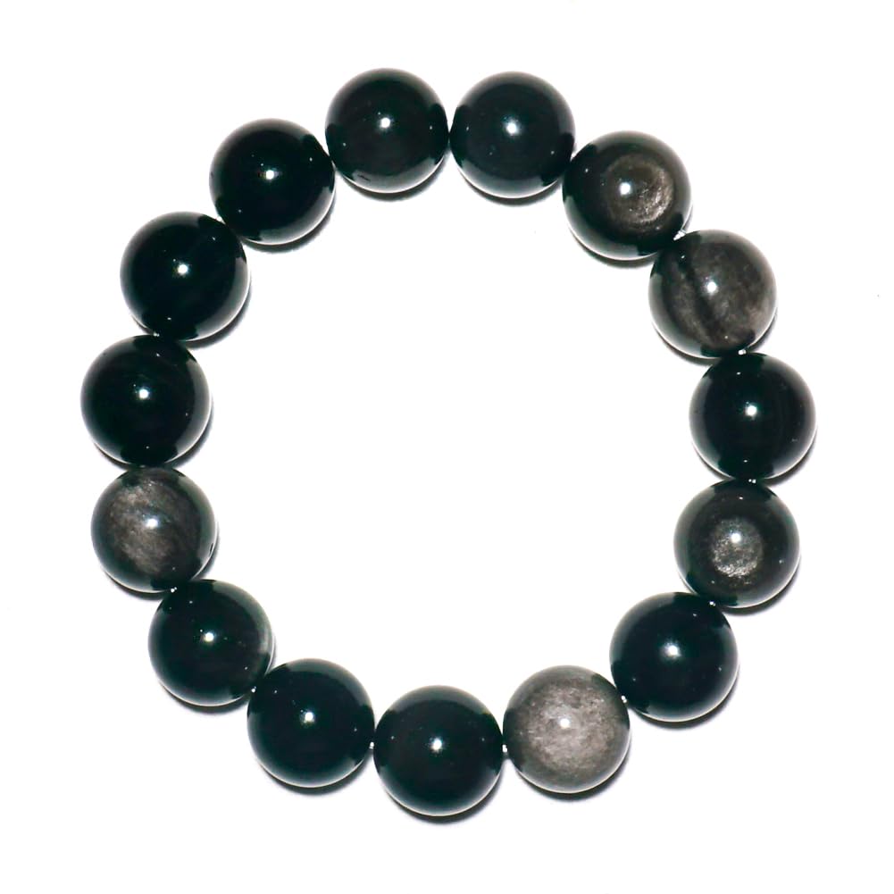 TaHLga 14mm Silver Obsidian Crystal Bracelet | XLarge Size | Natural Root & Third Eye Chakra Stone | Protection & Intuition | Fits for XLarge Wrist 8.5-9" | Come with Box & Pouch