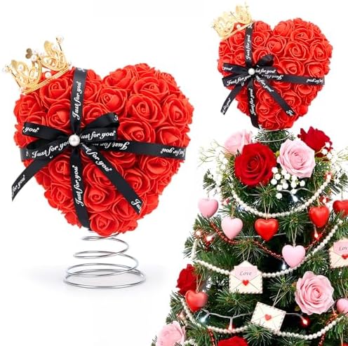 Capoda Valentine's Day Tree Topper Red Rose Heart Topper with Bows Decorations for Mini Christmas Tree 8 Inch Heart Treetop Ornaments for Valentines Galentines Day Holiday Wedding Party Supplies(Rose)