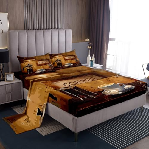 Feelyou Coffee Bed Sheets Set Full Size Coffee Theme Bedding Set for Kids Boys Girls Coffee Drink Cup Sheets with Deep Pocket Fitted Sheet Enjoyable Bedding Set - color: Auburn, size: Full